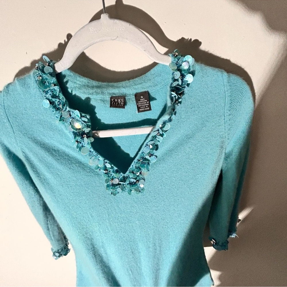 Saks Fifth Avenue Teal Embellished Cashmere Sweater Sz Small VGUC - Picture 6 of 12